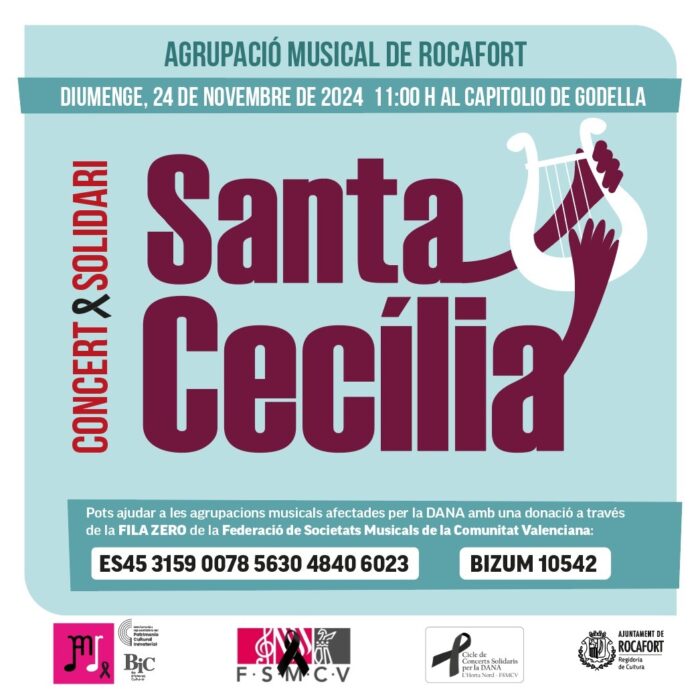 L'Agrupació Musical de Rocafort celebra un concert solidari per Santa Cecilia en suport a les societats musicals afectades per la Dana